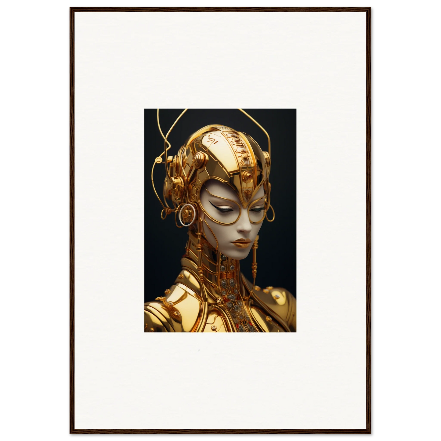 Framed canvas print of a golden robotic figure, perfect for Moulin Mystique room decoration