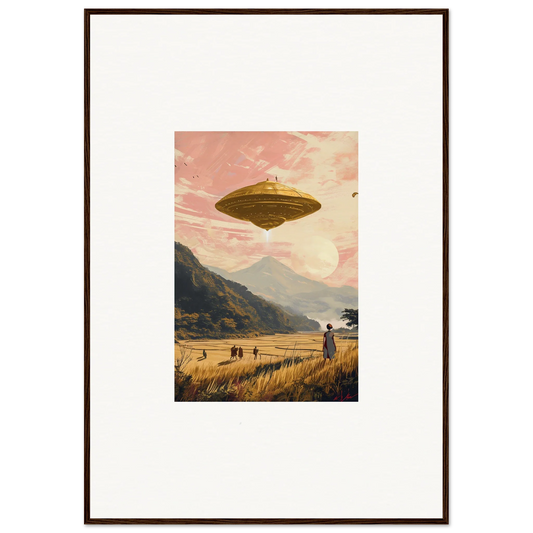 Flying saucer in a pink sky above a field rapture canvas print for room decoration