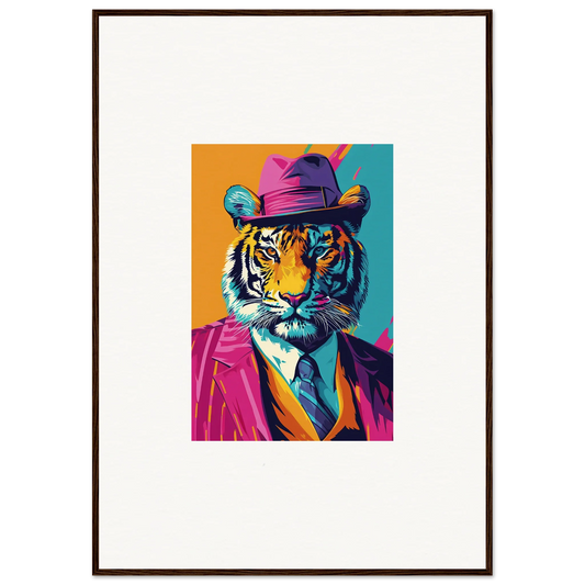 Colorful pop art tiger in hat and suit jacket for stylish room decoration canvas print