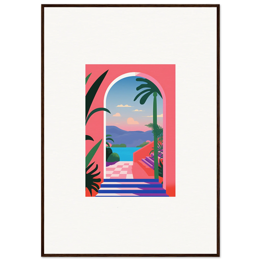 Colorful tropical landscape in an arched window of Violet Oasis Solitude art piece