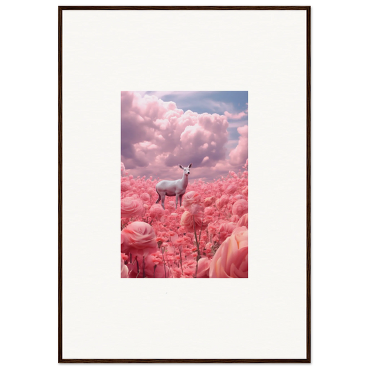 Deer in pink flowers under clouds, perfect for room decoration or wall art