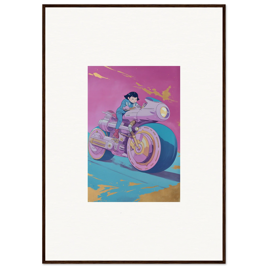 Framed canvas print of a motorcyclist in a vibrant sky, perfect for ride symphony room decoration