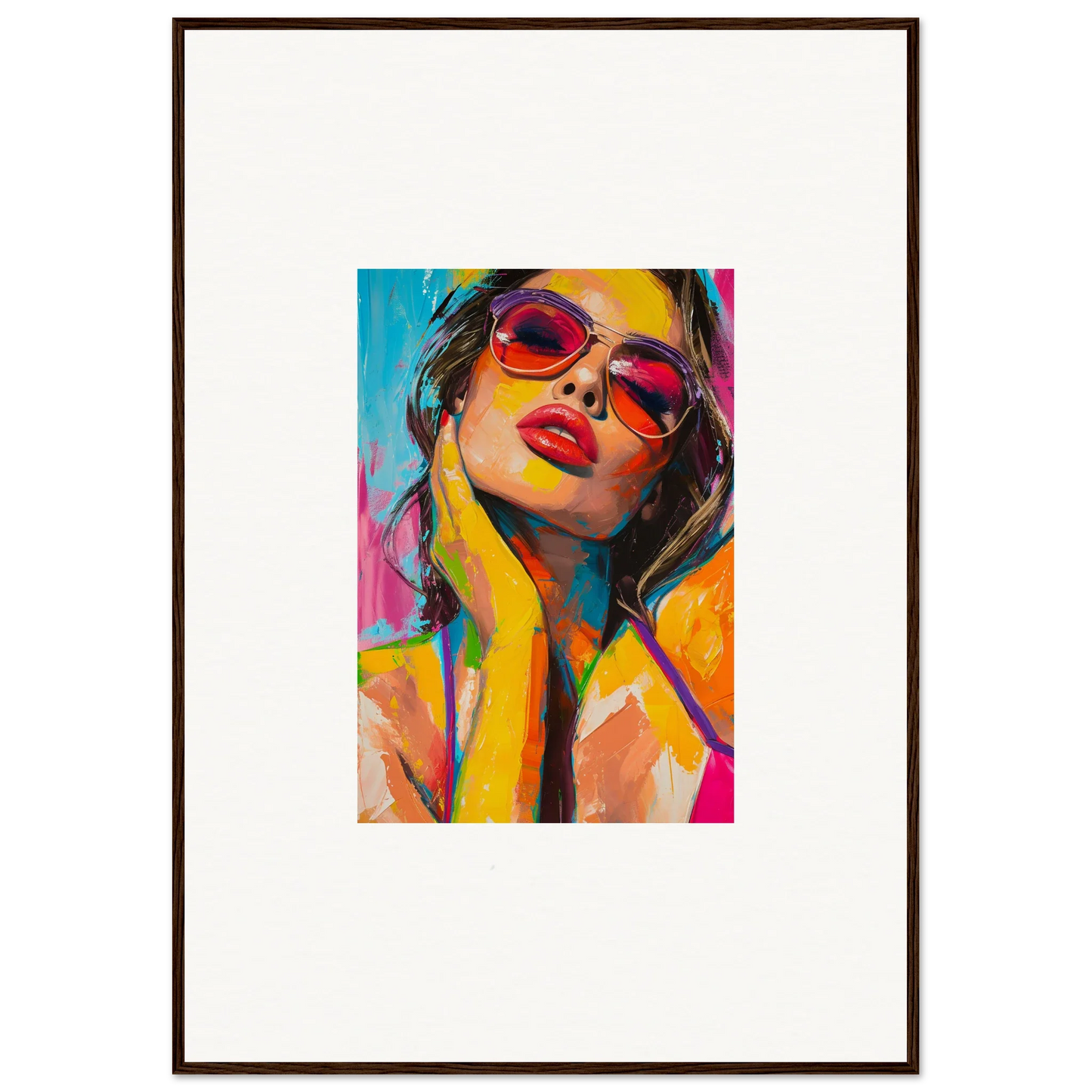 Colorful canvas print of a woman with red sunglasses for a vibrant room decoration