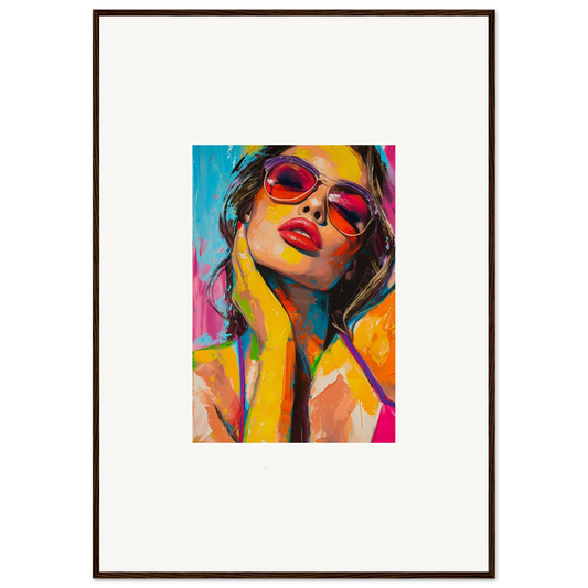 Colorful canvas print of a woman with red sunglasses for a vibrant room decoration