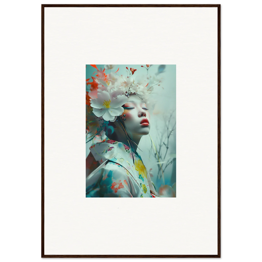 Framed wall art of a pale figure with dream petals in soft, ethereal colors