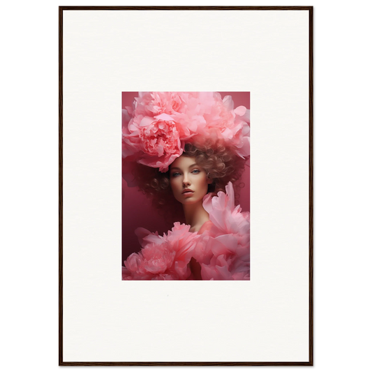 Framed portrait of a figure with pink flowers, perfect for dreamscape whispers room decoration