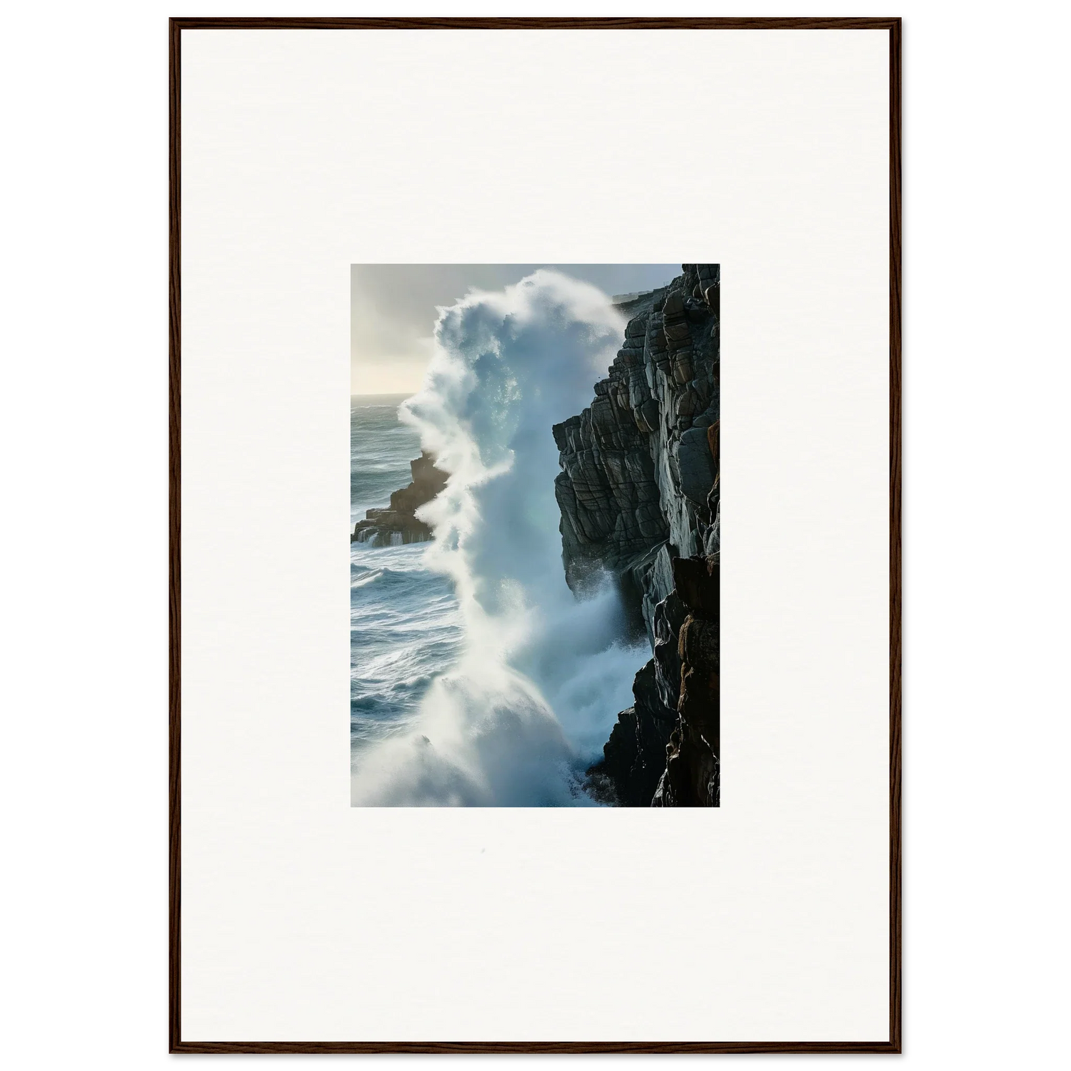 Powerful ocean wave crashing on rocky cliff, perfect for a Foam Symphony canvas print