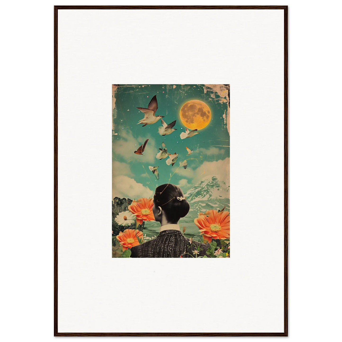 Framed vintage-style canvas print of Lunar Bloom Reverie with dreamy woman, flowers, and moon