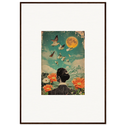 Framed vintage-style canvas print of Lunar Bloom Reverie with dreamy woman, flowers, and moon