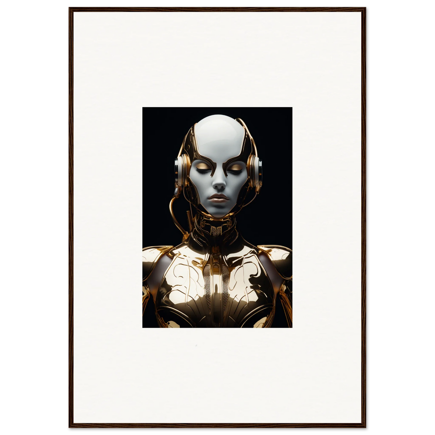 Futuristic humanoid robot with golden accents for a unique room decoration canvas print