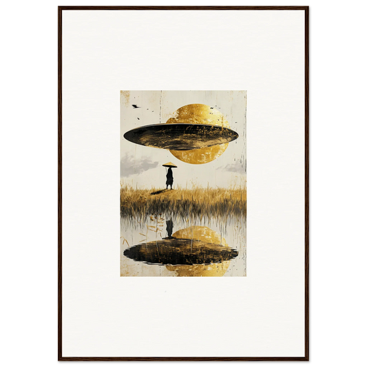 Surreal canvas print of a UFO-like object with a silhouetted figure for room decoration