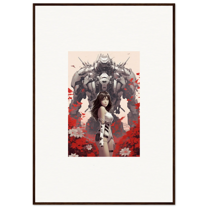 Framed canvas print of a woman with a robot and red florals, perfect for poppy lucidity room decoration