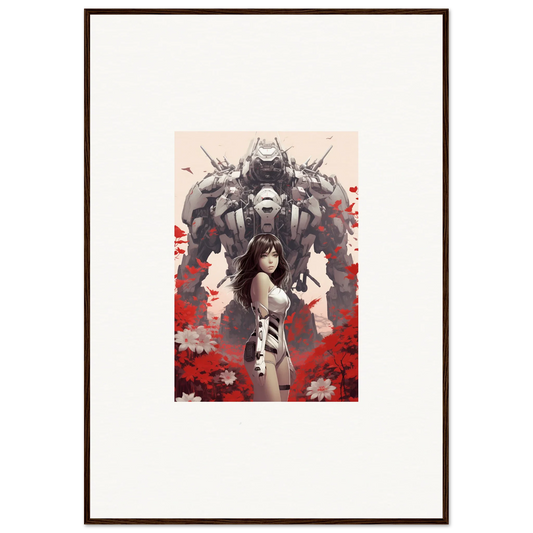 Framed canvas print of a woman with a robot and red florals, perfect for poppy lucidity room decoration