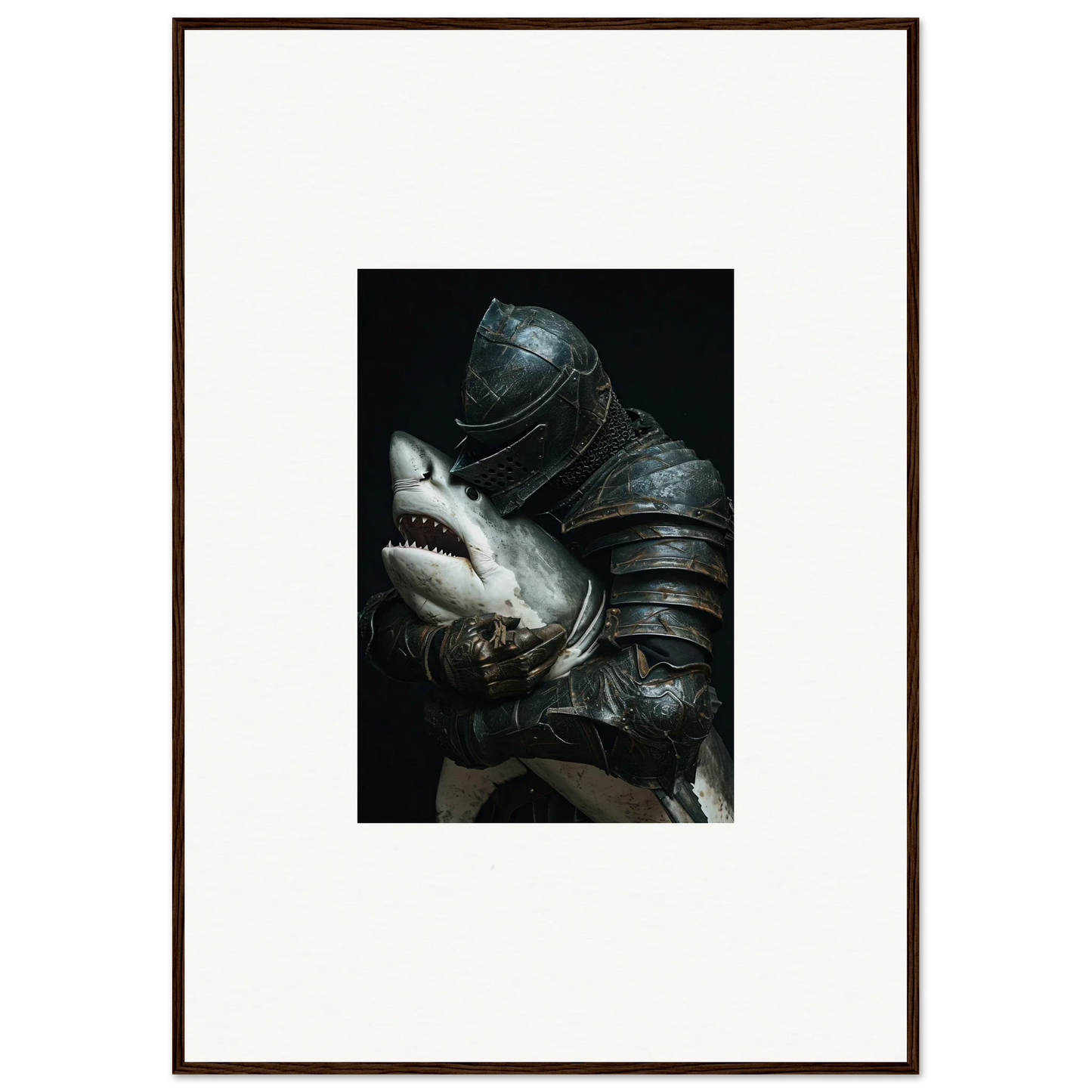 Surreal shark epiphany canvas print with a shark’s head in medieval armor for cool room decoration