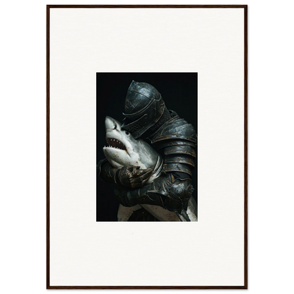 Surreal shark epiphany canvas print with a shark’s head in medieval armor for cool room decoration