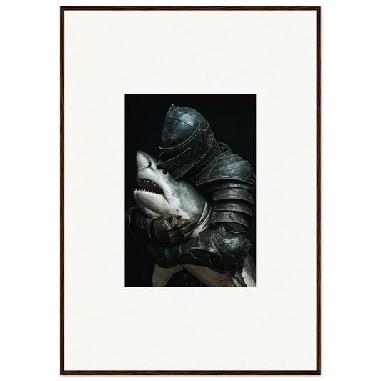 Surreal shark epiphany canvas print with a shark’s head in medieval armor for cool room decoration