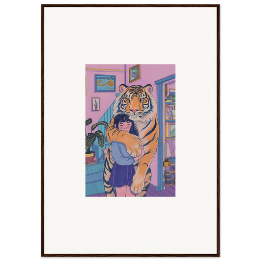 Colorful canvas print of a child hugging a tiger, perfect spirit embrace room decoration