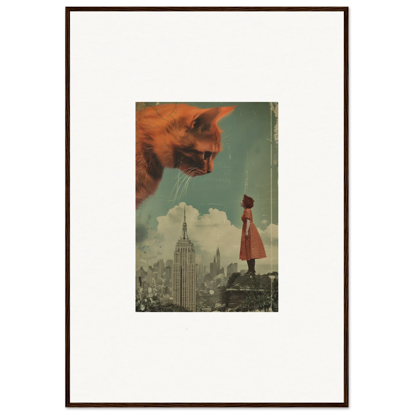 Framed surrealist wall art of a giant cat head and cityscape for unique room decor