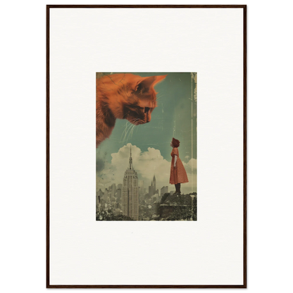 Framed surrealist wall art of a giant cat head and cityscape for unique room decor