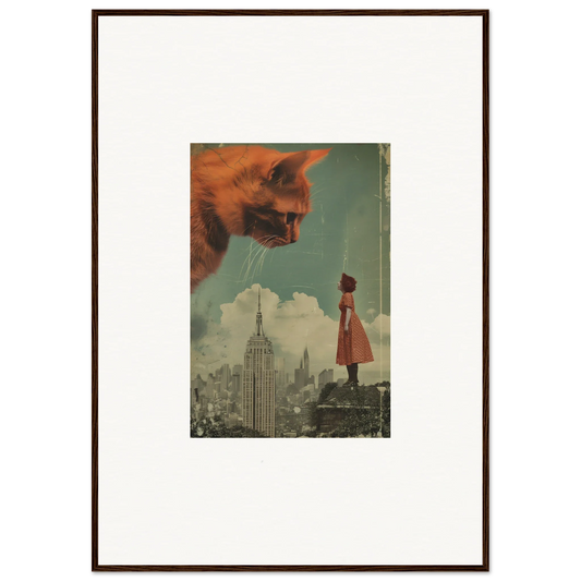 Framed surrealist wall art of a giant cat head and cityscape for unique room decor