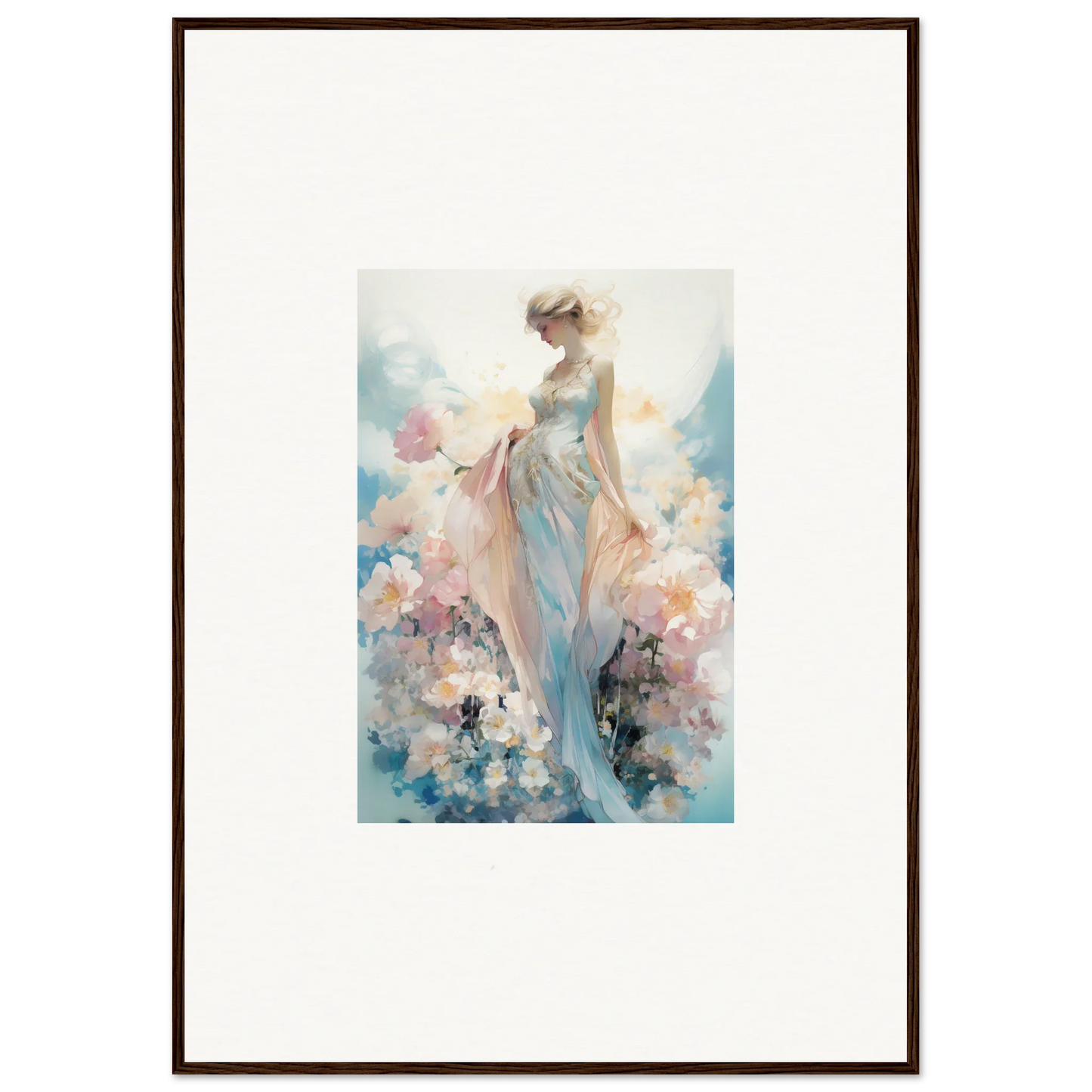 Watercolor canvas print of a dreamy female figure with soft floral accents for room decoration