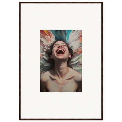 Framed canvas print of a laughing person with vibrant aura bloom background for room decoration