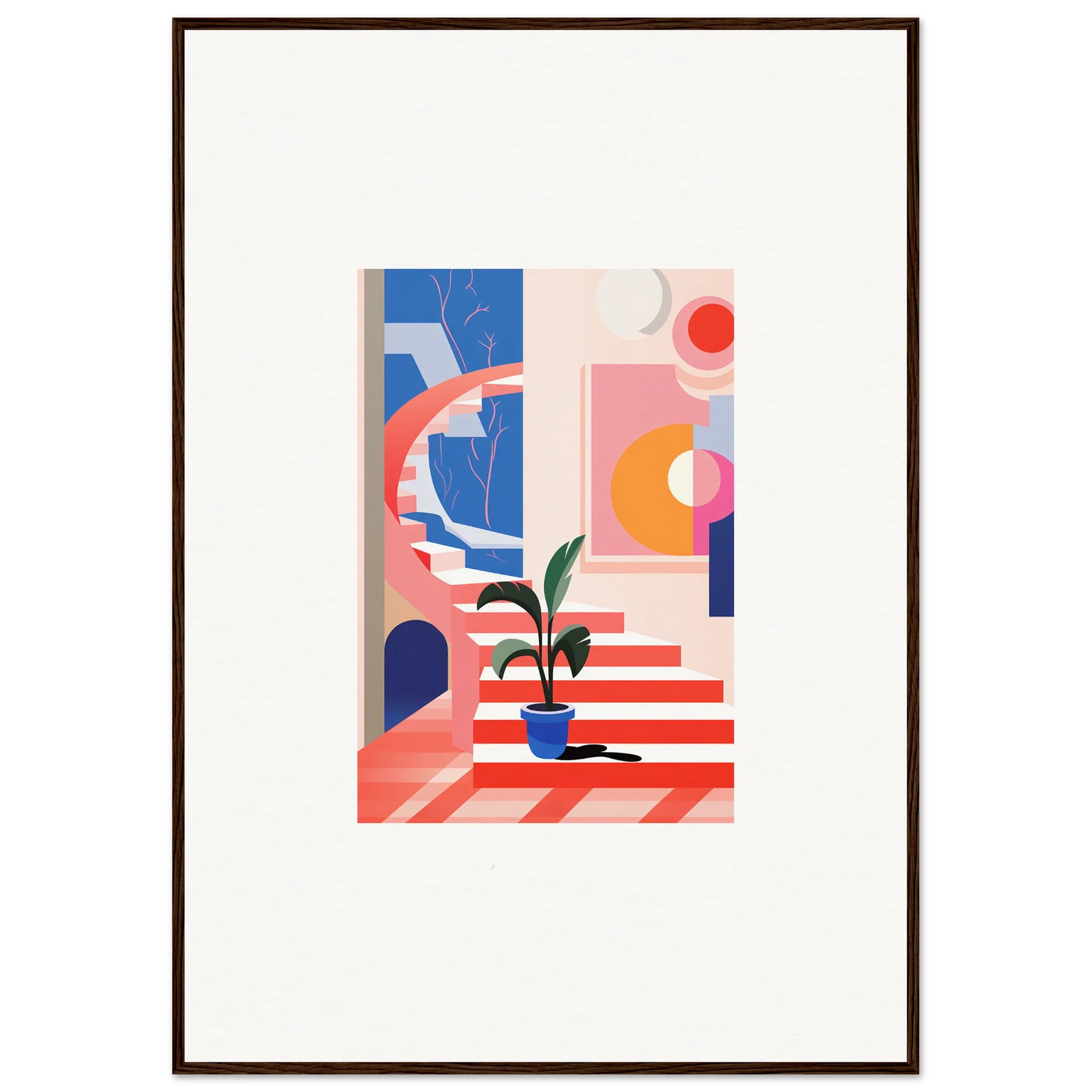 Abstract geometric canvas print with colorful shapes and a potted plant for quantum gardens