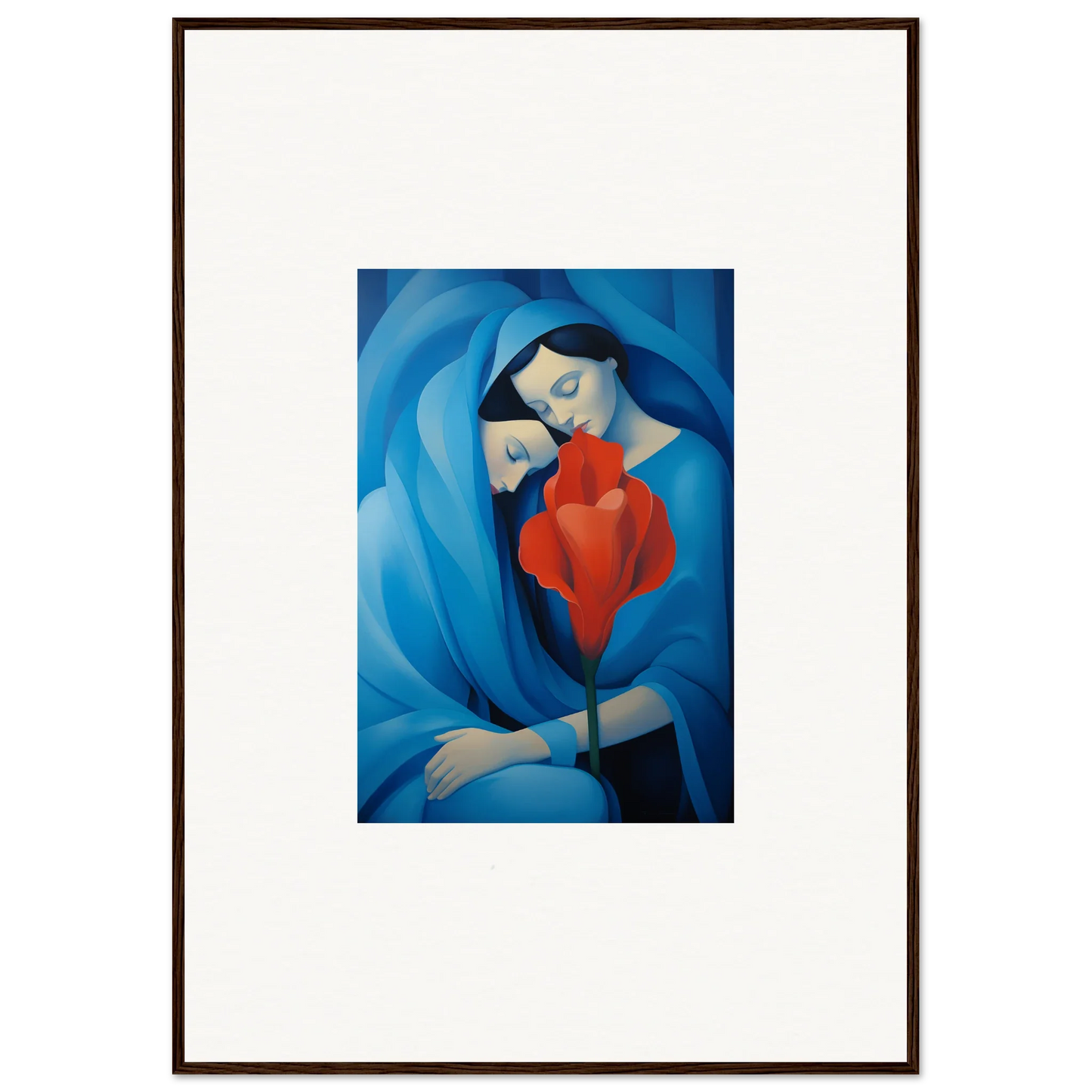 Framed canvas print of mother and child in blue, perfect for cozy room decoration