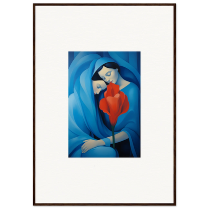 Framed canvas print of mother and child in blue, perfect for cozy room decoration