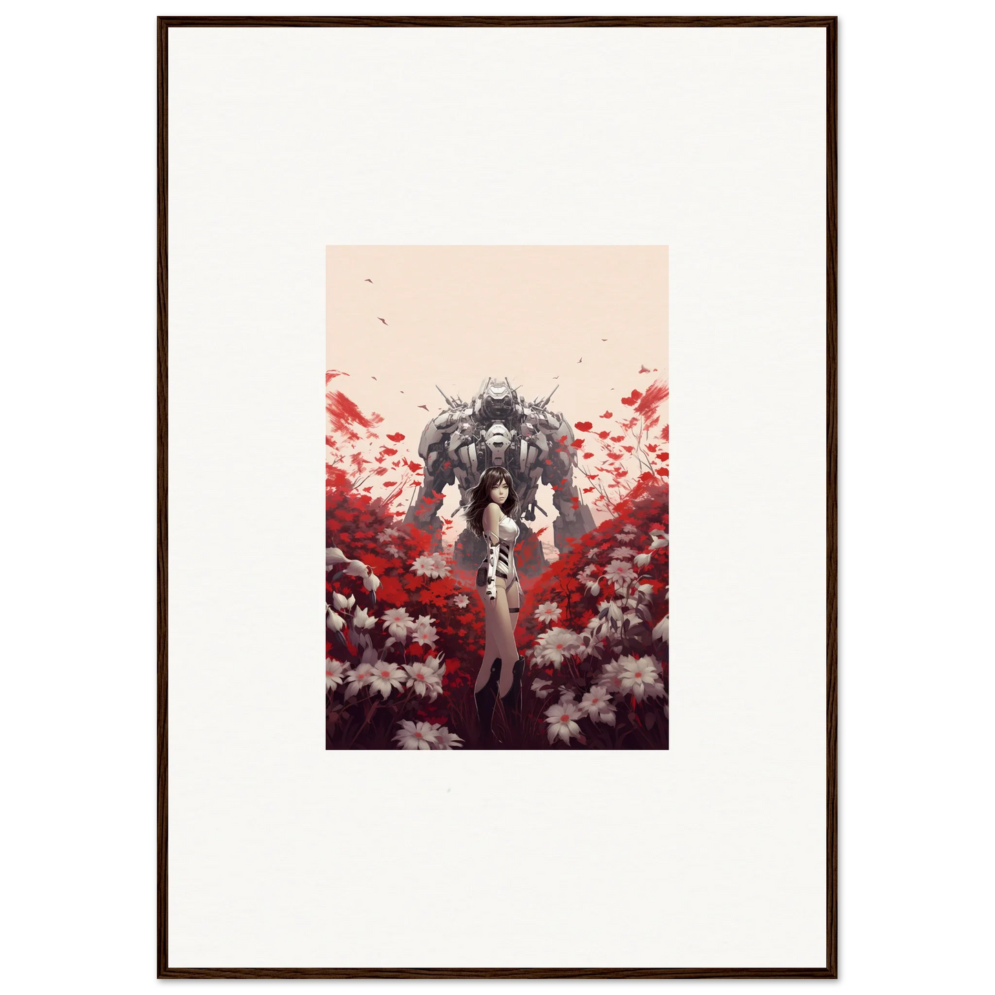 Robotic figure in red and white flowers for Boundary Whimsy room decoration canvas print