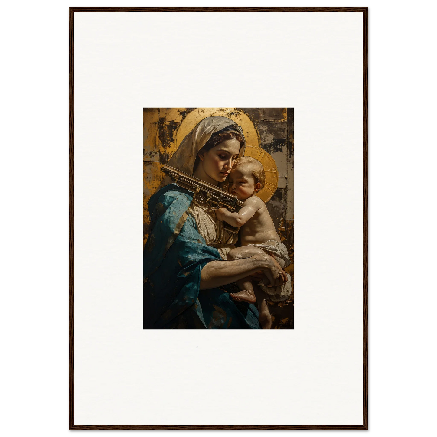 Framed canvas print of a woman in blue holding a child for loving sentinence decor