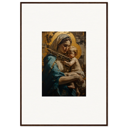 Framed canvas print of a woman in blue holding a child for loving sentinence decor