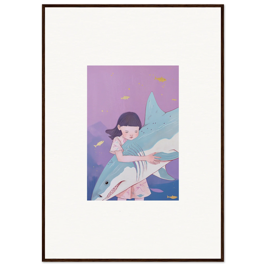 Whimsical canvas print of a girl hugging a shark for dreamy room decoration