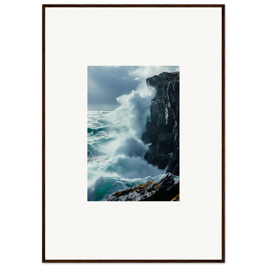 Framed photograph of crashing waves against rocks for serene room decoration