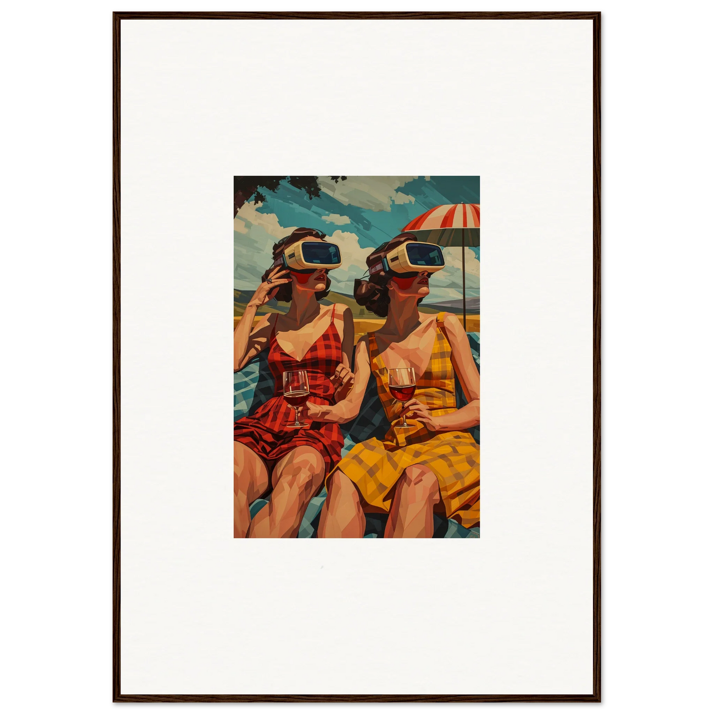 Framed vintage artwork of women in swimsuits with VR headsets, perfect for room decoration