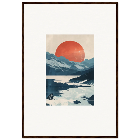 Framed canvas print of Dusky Celestial Reverie with mountains and a red sun