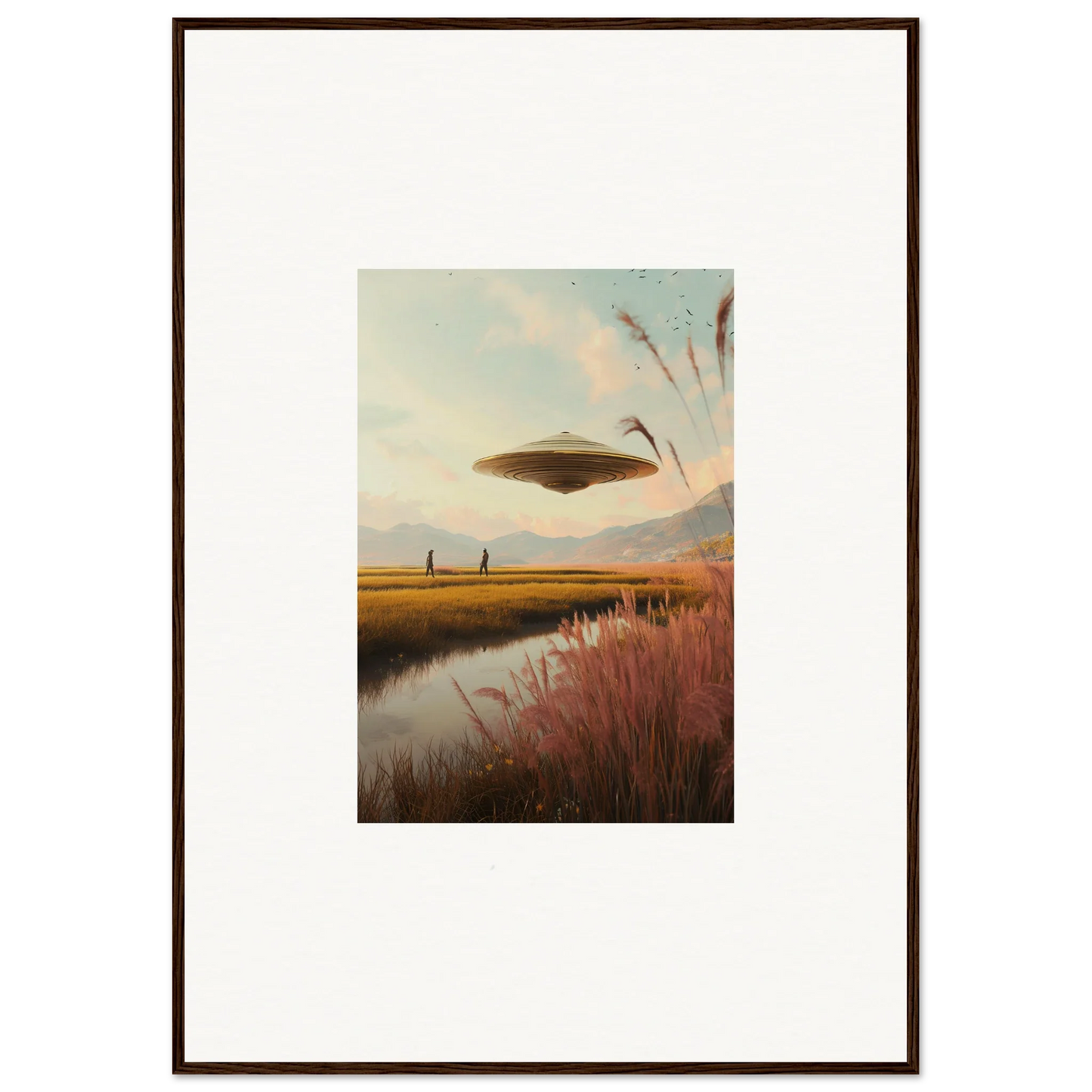 UFO hovering over a rural landscape in Floating Meadow Raindancers framed wall art