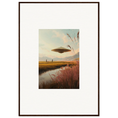 UFO hovering over a rural landscape in Floating Meadow Raindancers framed wall art