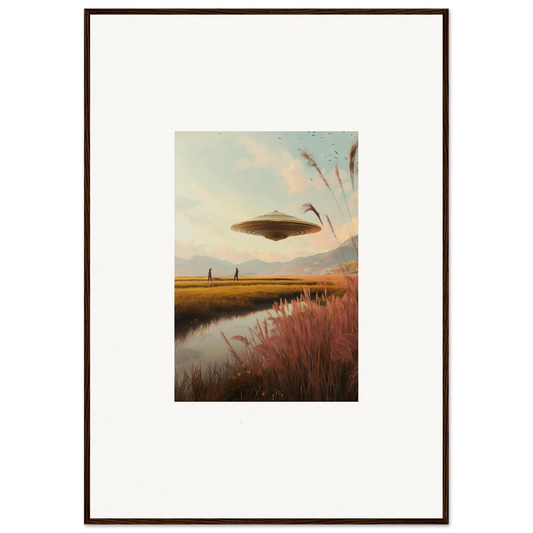 UFO hovering over a rural landscape in Floating Meadow Raindancers framed wall art