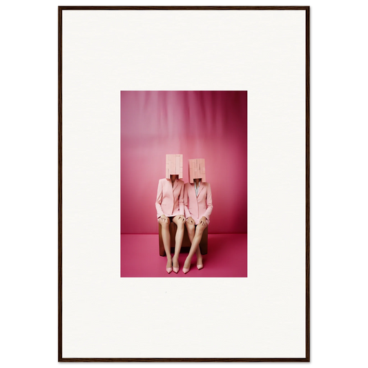 Framed canvas print of two figures in pink suits for quirky room decoration wall art