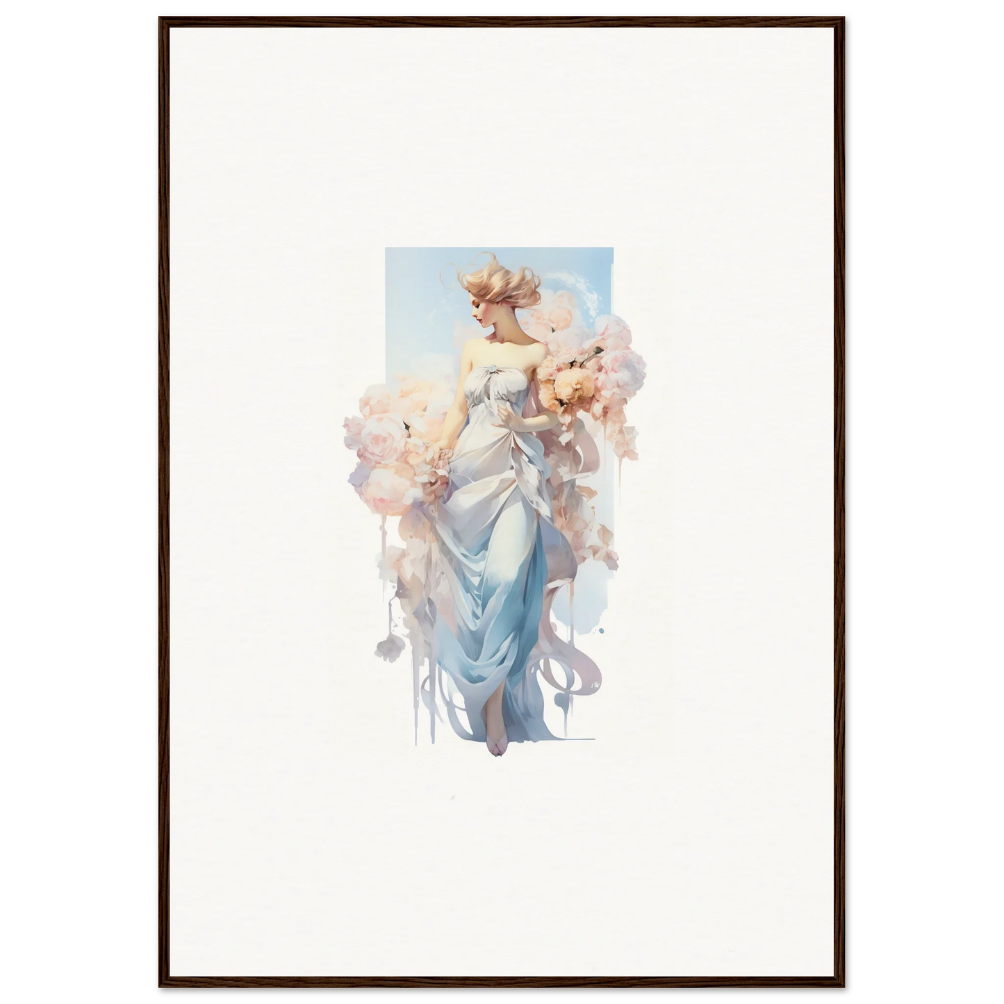 Elegant woman in a blue dress holding flowers in an Ethereal Bouquet Waltz canvas print