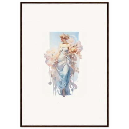 Elegant woman in a blue dress holding flowers in an Ethereal Bouquet Waltz canvas print