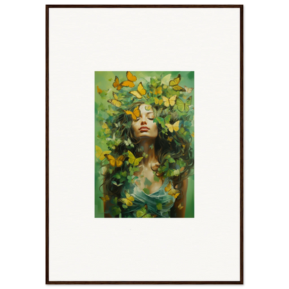 Framed canvas print of a woman’s face with vibrant butterflies for room decoration