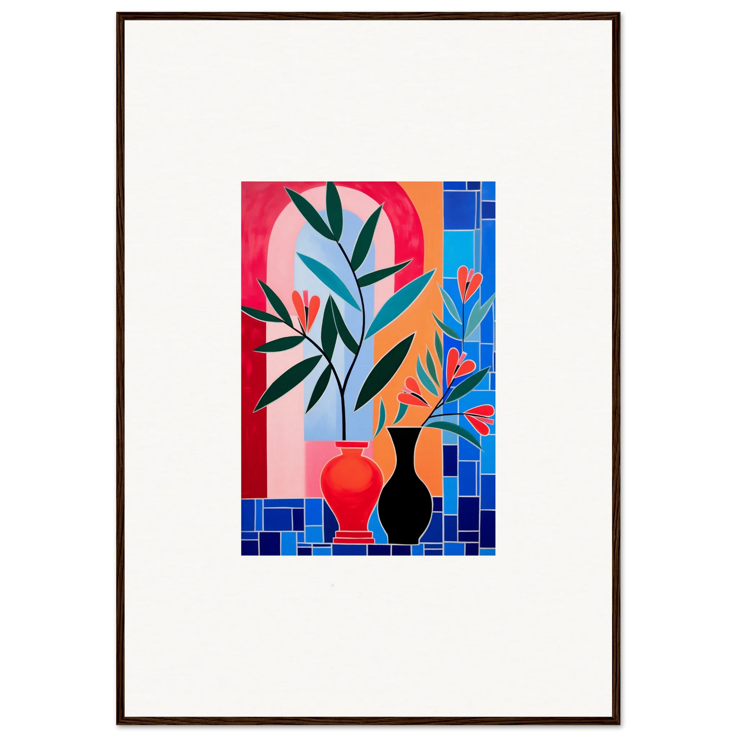 Colorful abstract painting of plants in vases, ideal for ceramic blooms room decor