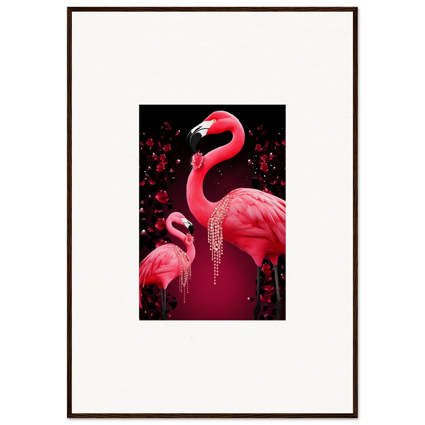 Vibrant pink flamingos on a dark background perfect for wall art or room decoration