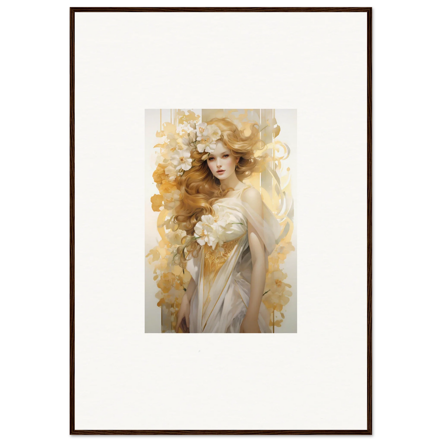 Framed wall art of an ethereal woman with flowers for enchanting room decor