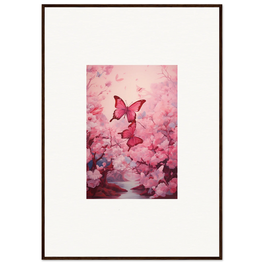 Framed canvas print of pink butterflies in cherry blossoms for spring euphoria room decoration