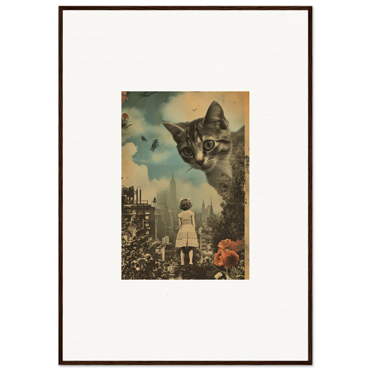 Framed surrealist collage of a giant cat watching over a city, perfect wall art