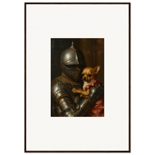 Suit of armor holding a small dog, unique room decoration canvas print wall art