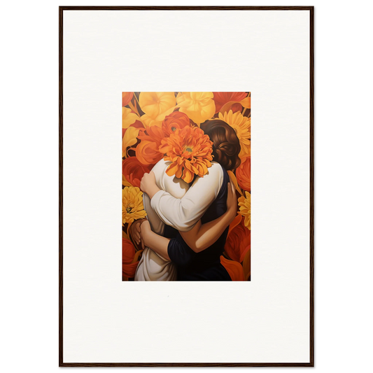 Framed canvas print of Euphoria Embrace with two figures and a big orange flower